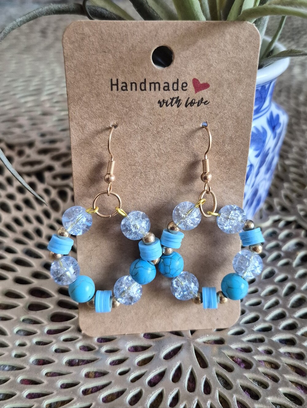 Handmade Turquoise & Clear Beaded Hoop Earrings